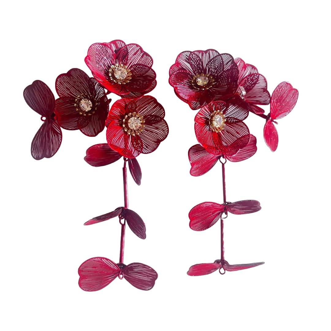 Crystal Flower Drop Dangle Earrings, 12 cm, Red Floral Design, Statement Dangle Earrings, Anti Tarnish, Water Resistant, Lightweight, Gift Packaged