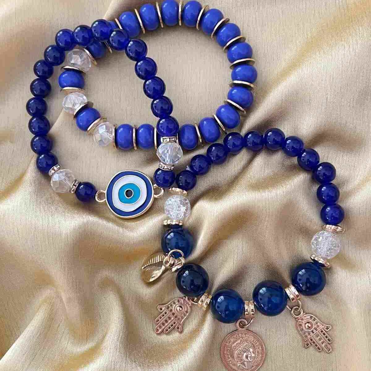 Evil Eye Bracelet | Evil Eye Bracelet Stack | Stack Of 3-4 bracelets | Waterproof | Anti Tarnish | Protection Bracelets | Blue Beads With Charms