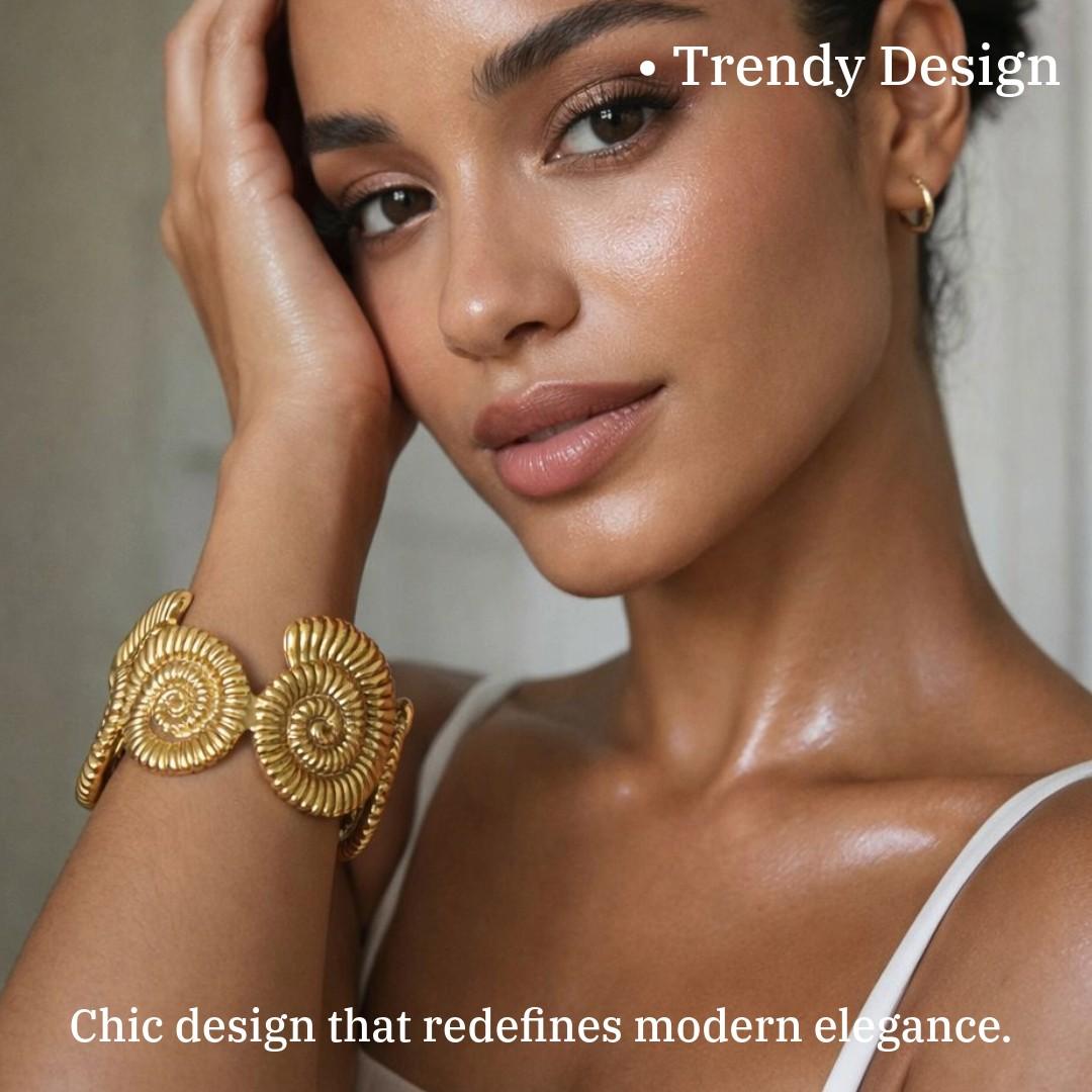Gold Spiral Shell Design Cuff Bracelet for Women, 6.5 cm, Stylish Statement Jewelry, Anti Tarnish, Water Resistant, Lightweight, Gift Packaged