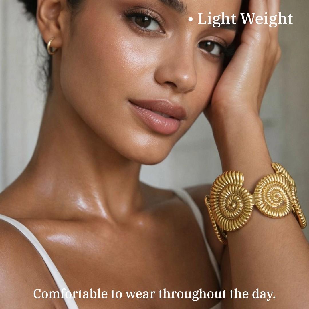 Gold Spiral Shell Design Cuff Bracelet for Women, 6.5 cm, Stylish Statement Jewelry, Anti Tarnish, Water Resistant, Lightweight, Gift Packaged
