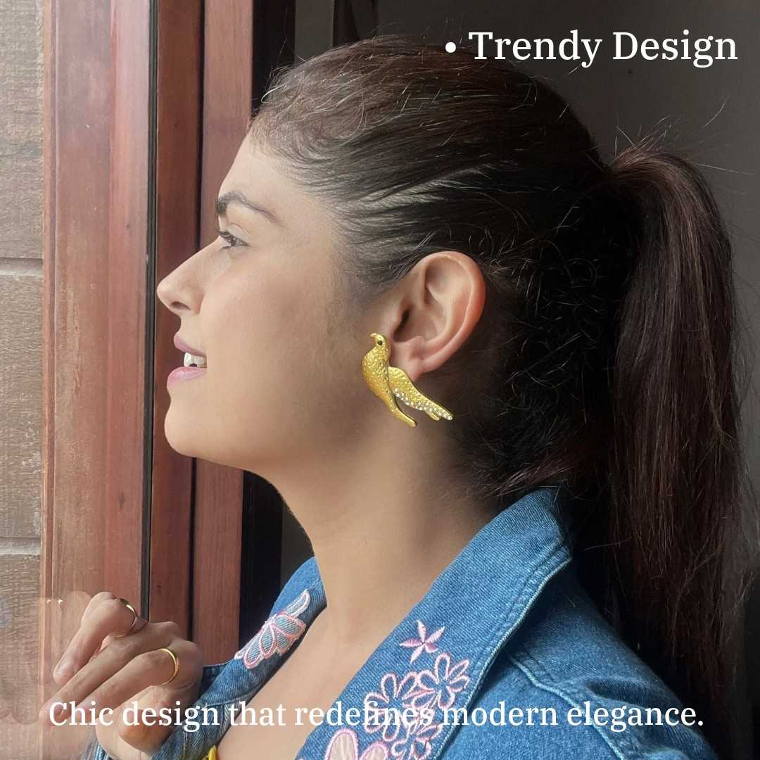 Bird Earrings For Women And Girls, 2 cm, Gold-Plated with Crystal Accents, Anti Tarnish, Water Resistant, Lightweight, Gift Packaged