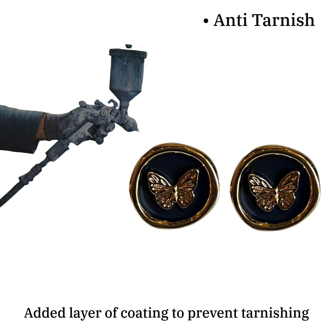 Black Earrings, Butterfly Stud Earrings For Women, 1.5 cm, Black and Gold Round Design, Anti Tarnish, Water Resistant, Lightweight, Gift Packaged