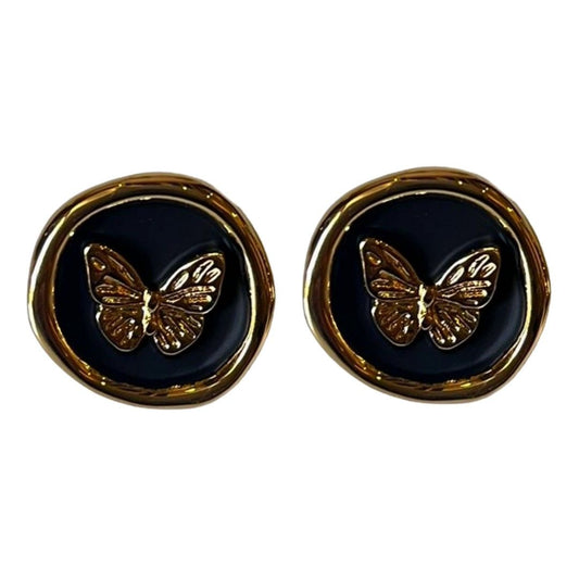 Black Earrings, Butterfly Stud Earrings For Women, 1.5 cm, Black and Gold Round Design, Anti Tarnish, Water Resistant, Lightweight, Gift Packaged