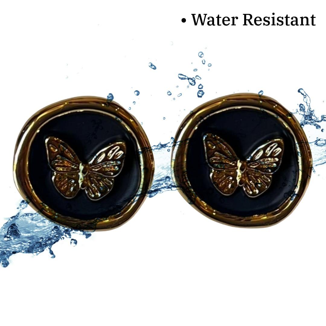 Black Earrings, Butterfly Stud Earrings For Women, 1.5 cm, Black and Gold Round Design, Anti Tarnish, Water Resistant, Lightweight, Gift Packaged