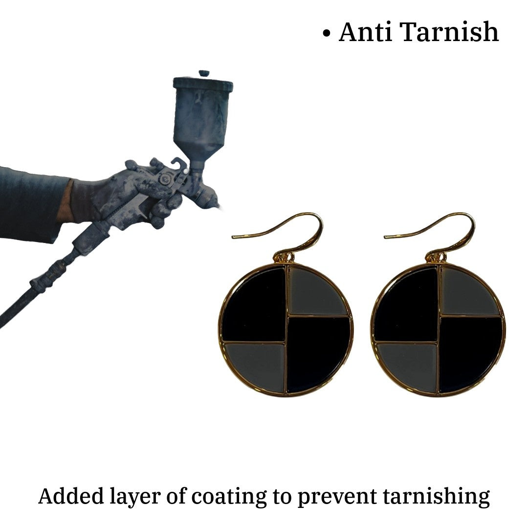 Black Earrings, Elegant Round Black Geometric Stud Earrings, 2.8 cm, Gold-Plated, Anti Tarnish, Water Resistant, Lightweight, Gift Packaged