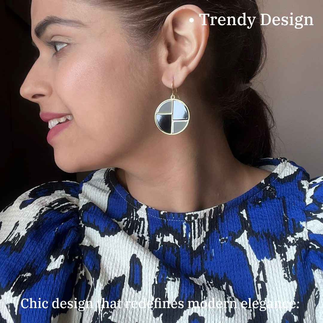 Black Earrings, Elegant Round Black Geometric Stud Earrings, 2.8 cm, Gold-Plated, Anti Tarnish, Water Resistant, Lightweight, Gift Packaged