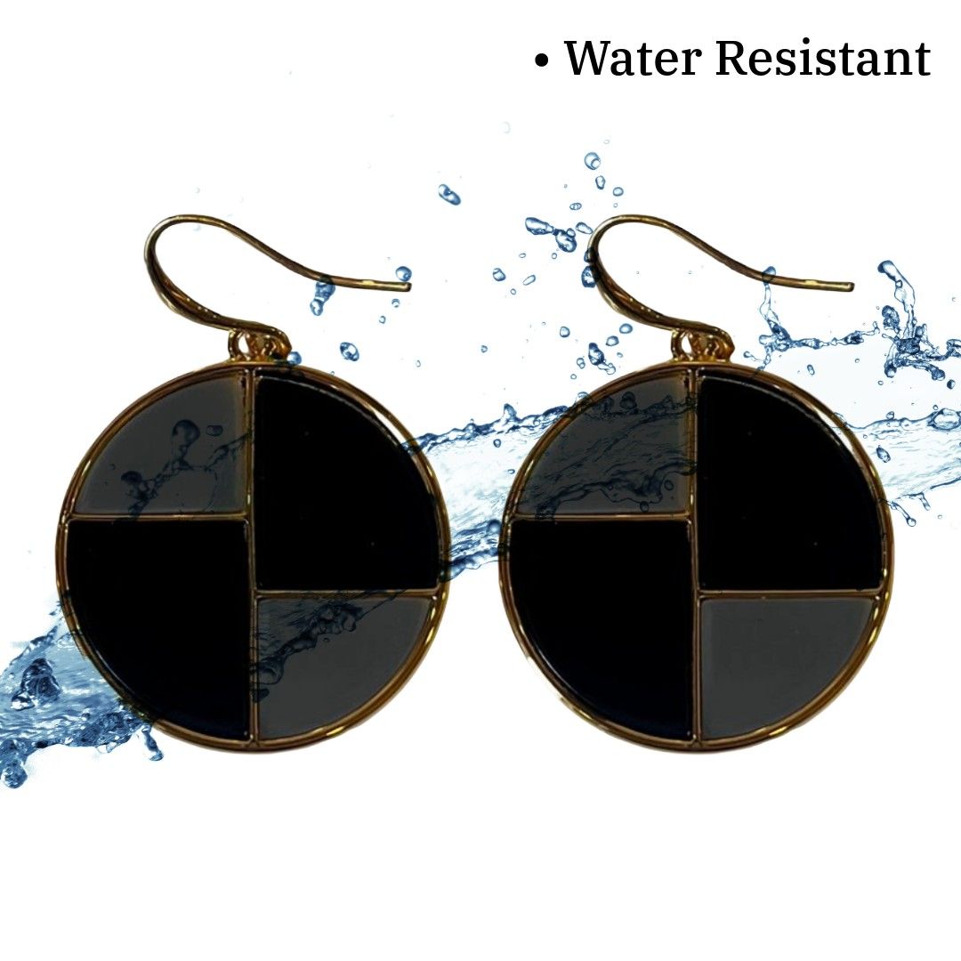 Black Earrings, Elegant Round Black Geometric Stud Earrings, 2.8 cm, Gold-Plated, Anti Tarnish, Water Resistant, Lightweight, Gift Packaged