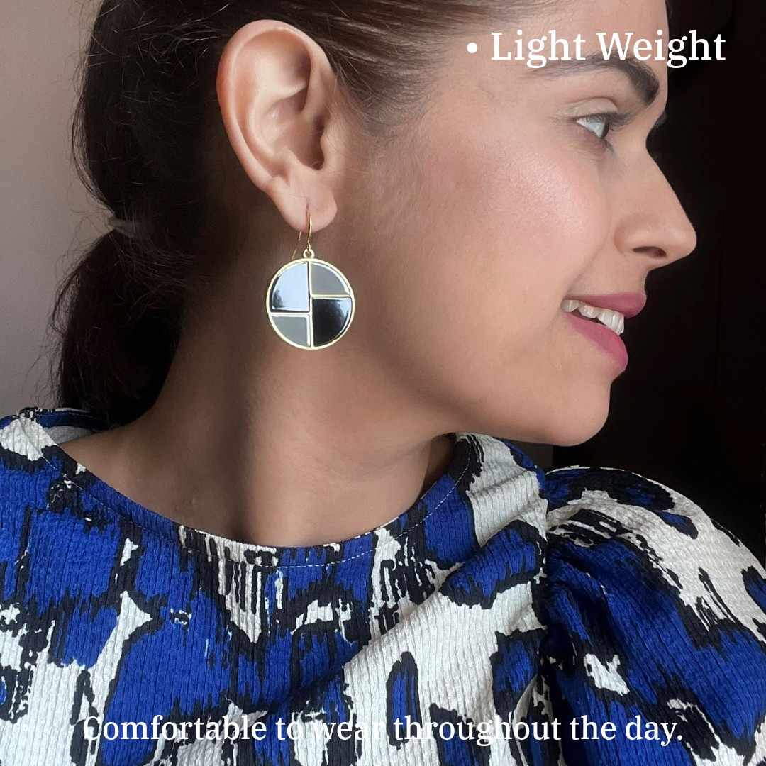 Black Earrings, Elegant Round Black Geometric Stud Earrings, 2.8 cm, Gold-Plated, Anti Tarnish, Water Resistant, Lightweight, Gift Packaged