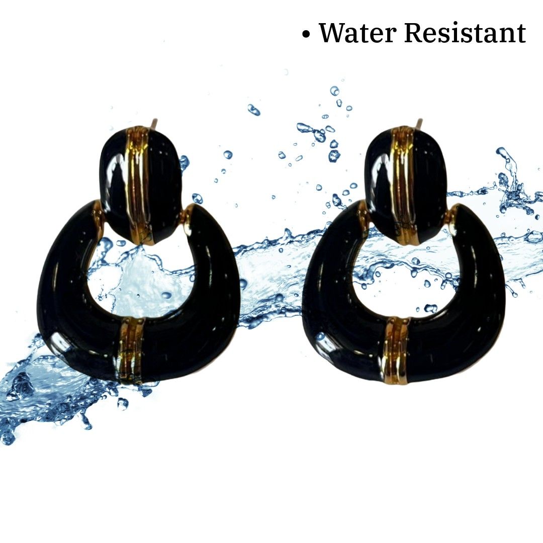 Elegant Black and Gold Teardrop Stud Earrings, 3 cm, Water Resistant, Anti-Tarnish Plated, Lightweight Fashion Jewelry with Gift Package