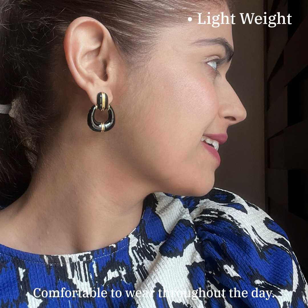Elegant Black and Gold Teardrop Stud Earrings, 3 cm, Water Resistant, Anti-Tarnish Plated, Lightweight Fashion Jewelry with Gift Package