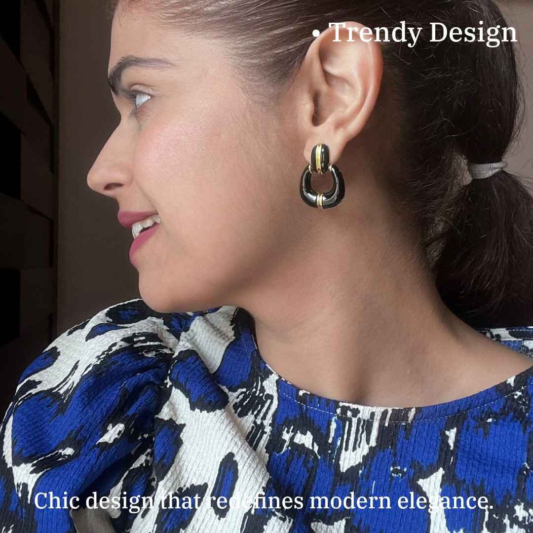 Elegant Black and Gold Teardrop Stud Earrings, 3 cm, Water Resistant, Anti-Tarnish Plated, Lightweight Fashion Jewelry with Gift Package