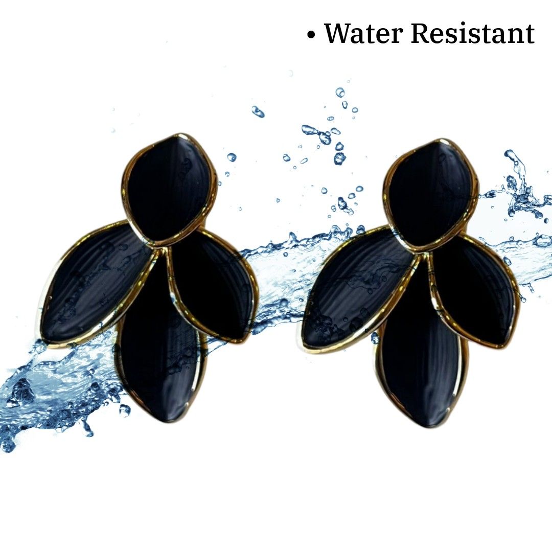 Black Earrings For Women, lack Petal Hoop Earrings, 3.5 cm, Gold-Plated, Statement Fashion Jewelry for Women, Anti Tarnish, Water Resistant, Lightweight