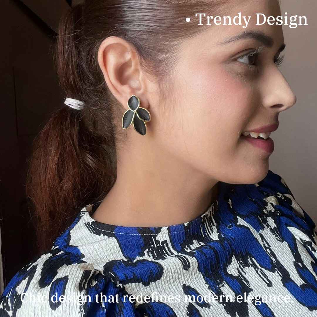 Black Earrings For Women, lack Petal Hoop Earrings, 3.5 cm, Gold-Plated, Statement Fashion Jewelry for Women, Anti Tarnish, Water Resistant, Lightweight