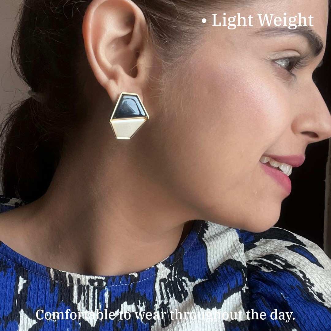 Black Earrings, Geometric Triangle Stud Earrings, Black and White Color Design, Gold-Plated, Anti Tarnish, Water Resistant, Lightweight, Gift Packaged