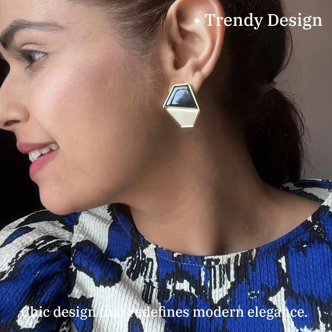 Black Earrings, Geometric Triangle Stud Earrings, Black and White Color Design, Gold-Plated, Anti Tarnish, Water Resistant, Lightweight, Gift Packaged