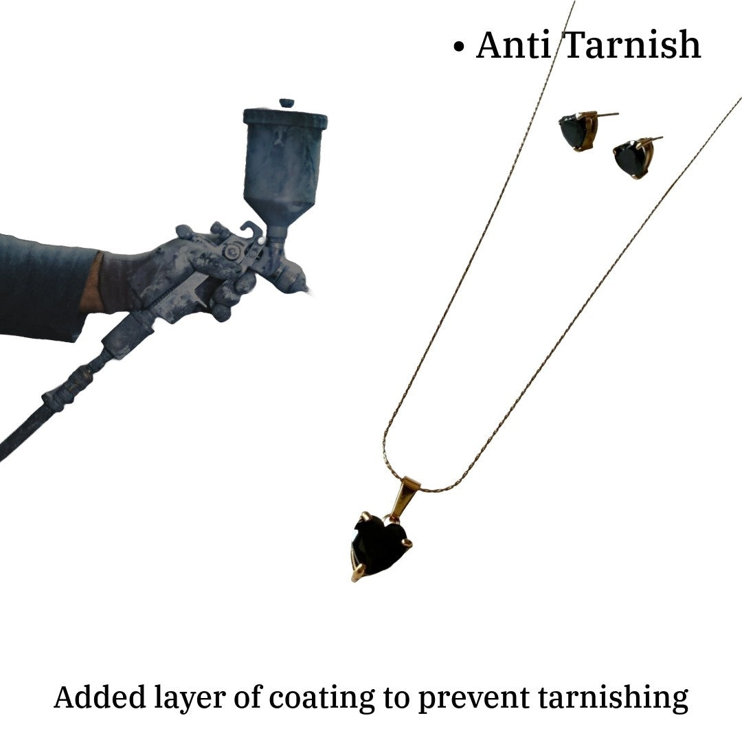 Black Heart Pendant Necklace and Earrings Set for Women, Gold Plated, Anti Tarnish, Water Resistant, Lightweight, Gift Packaged