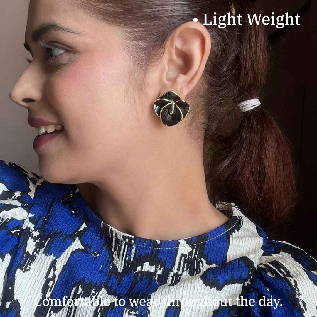 Black Leaf Stud Earrings For Women with Gold Plated, 3 cm, Black Earrings, Anti Tarnish, Water Resistant, Lightweight, Gift Packaged