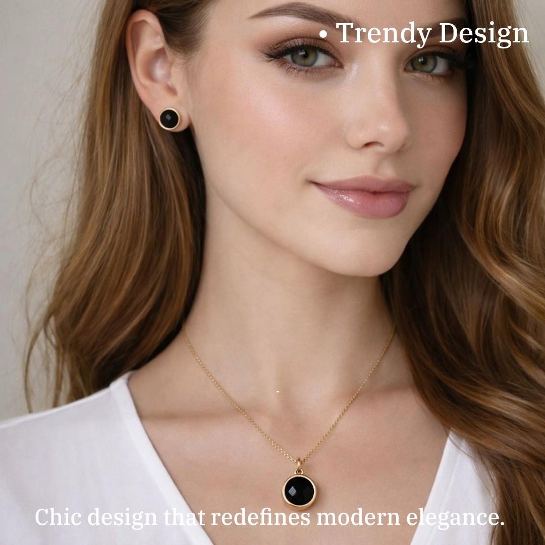 Black Pendant Necklace and Earrings Set for Women, Circular Design, Anti Tarnish, Water Resistant, Lightweight, Gift Packaged