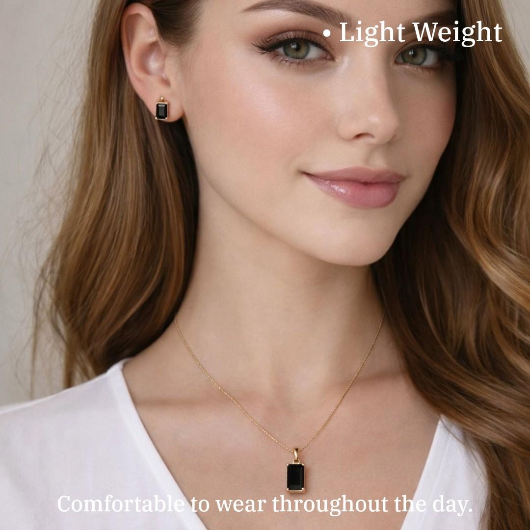 Black Stone Pendant Necklace and Earrings Set for Women, Gold Plated Jewelry, Anti Tarnish, Water Resistant, Lightweight, Gift Packaged