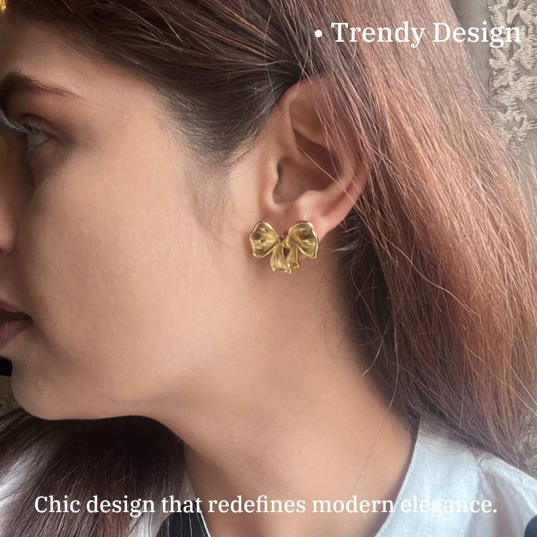 Bow Stud Earrings For Women, 2 cm, Gold-Plated, Women's Fashion Jewellery, Anti Tarnish, Water Resistant, Lightweight, Gift Packaged