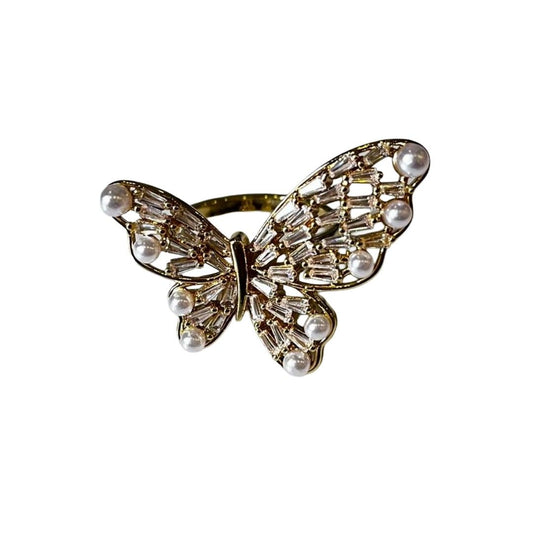 Butterfly Ring For Women with Crystal and Pearl Accents, Gold-Plated, White, Anti Tarnish, Water Resistant, Lightweight, Gift Packaged