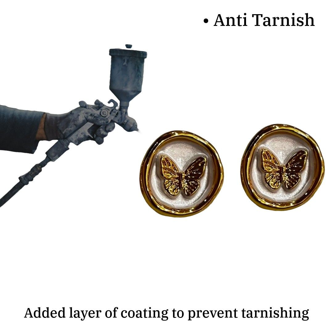 Butterfly Round Stud Earrings, Gold-Plated, Pearl White Background, White Earrings, Anti Tarnish, Water Resistant, Lightweight, Gift Packaged