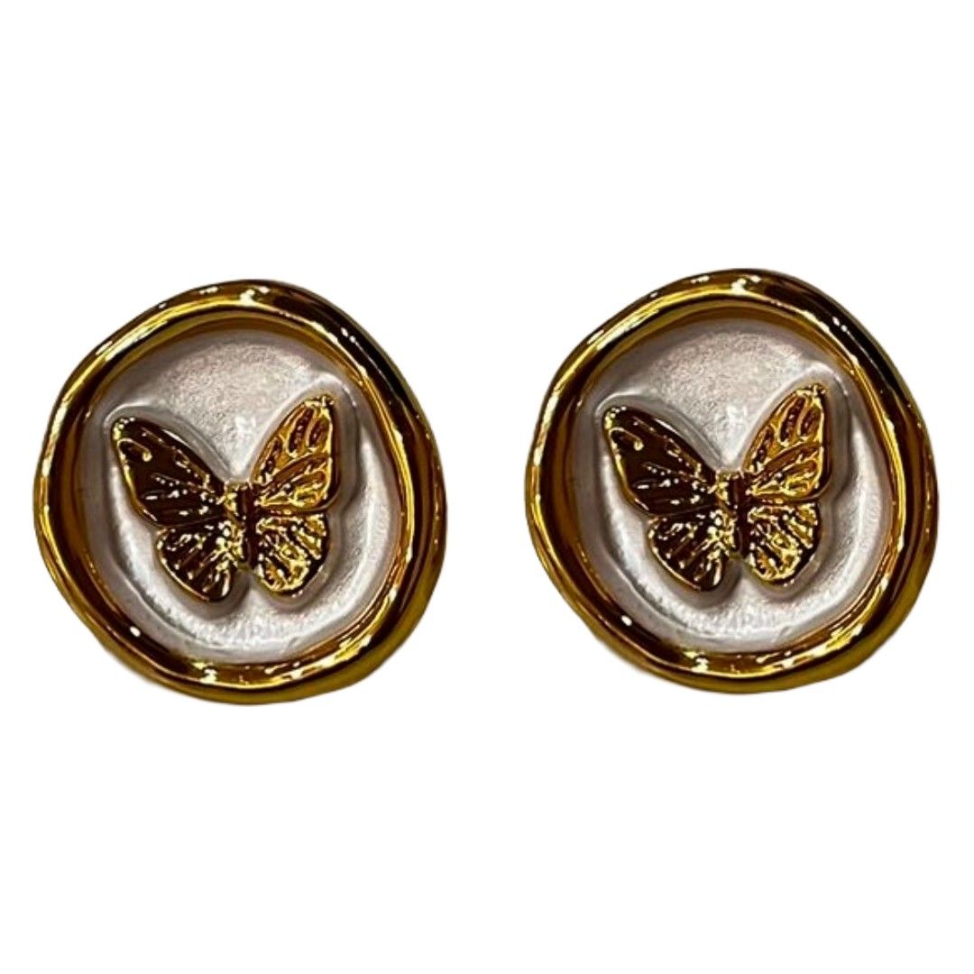 Butterfly Round Stud Earrings, Gold-Plated, Pearl White Background, White Earrings, Anti Tarnish, Water Resistant, Lightweight, Gift Packaged