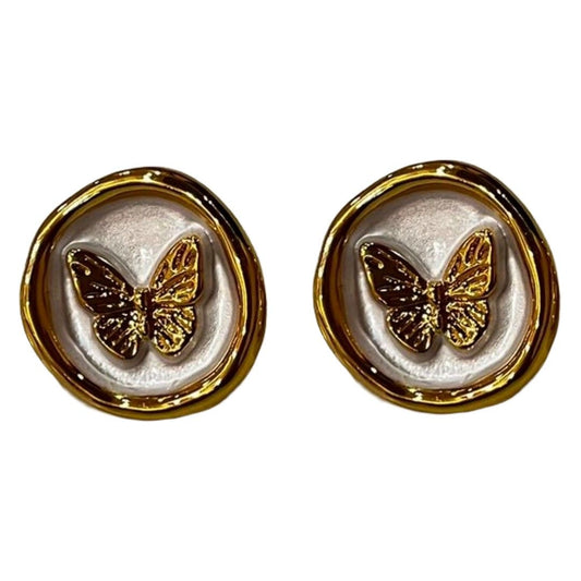 Butterfly Round Stud Earrings, Gold-Plated, Pearl White Background, White Earrings, Anti Tarnish, Water Resistant, Lightweight, Gift Packaged