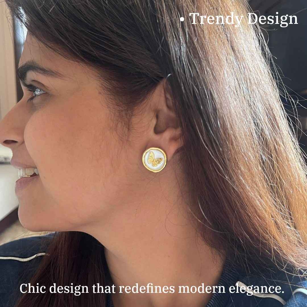 Butterfly Round Stud Earrings, Gold-Plated, Pearl White Background, White Earrings, Anti Tarnish, Water Resistant, Lightweight, Gift Packaged