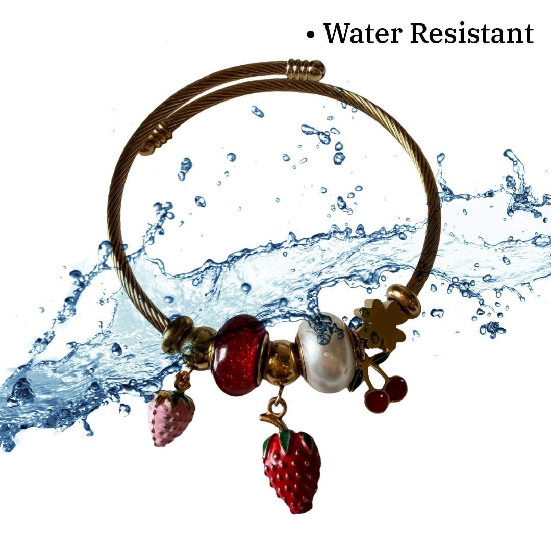 Charm Bracelet for Women, Gold Plated Wire with Strawberry and Clover Charms, Red and Pearl Beads, Anti Tarnish, Water Resistant