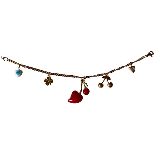 Charm Bracelet for Women with Heart, Cherry, Clover Pendants, Gold-Plated Chain, Anti Tarnish, Water Resistant, lightweight, Gift Packaged
