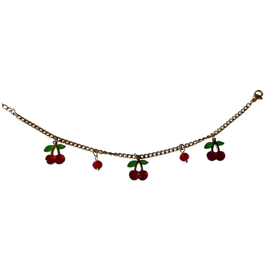 Cherry Charm Bracelet for Women, Gold Chain, Red and Green Enamel Charms, Anti Tarnish, Water Resistant, lightweight, Gift Packaged