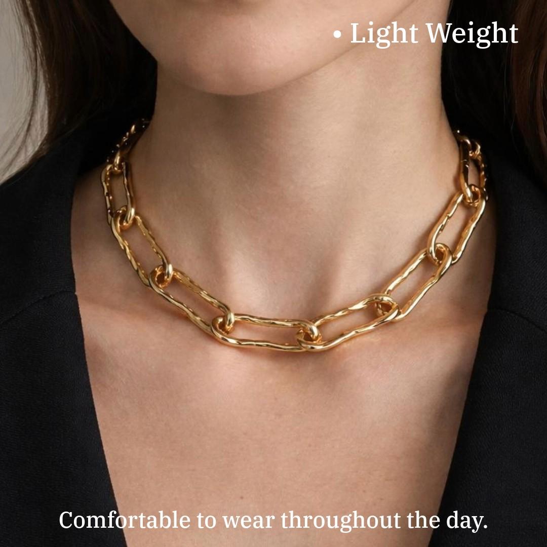 Chunky Chain Link Statement Necklace, Gold-Plated, Adjustable Length, Anti Tarnish, Water Resistant, Lightweight, Gift Packaged