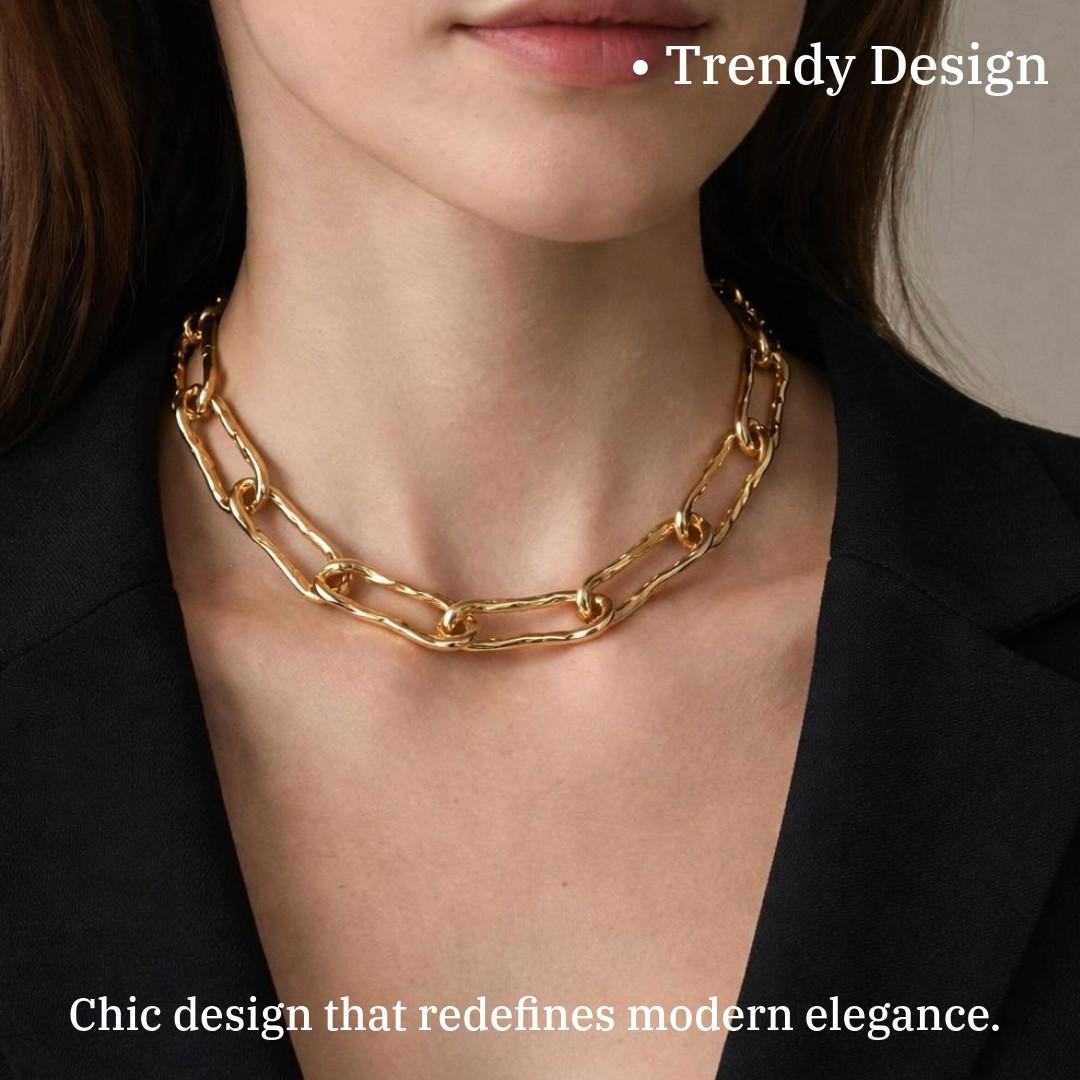 Chunky Chain Link Statement Necklace, Gold-Plated, Adjustable Length, Anti Tarnish, Water Resistant, Lightweight, Gift Packaged