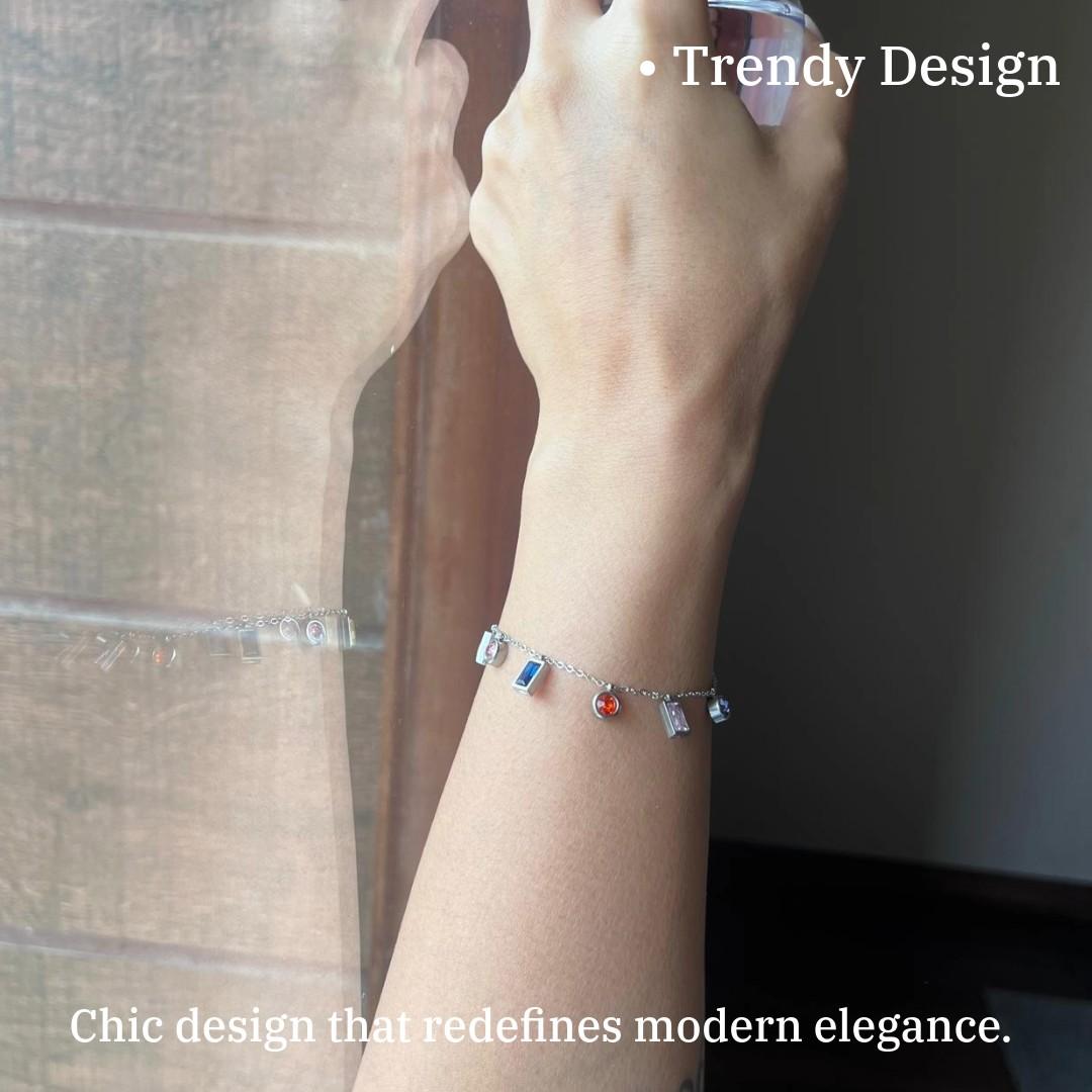 Crystal Charm Bracelet for Women, Multi-Color, Silver Chain, Red And Blue, Anti Tarnish, Water Resistant, lightweight, Gift Packaged