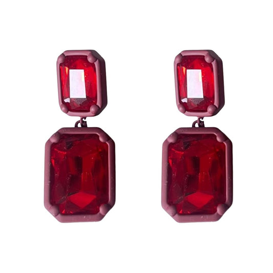 Crystal Drop Earrings, 5 cm, Double Rectangle Design, Red, Women's Fashion Jewellery, Anti Tarnish, Water Resistant, Lightweight, Gift Packaged