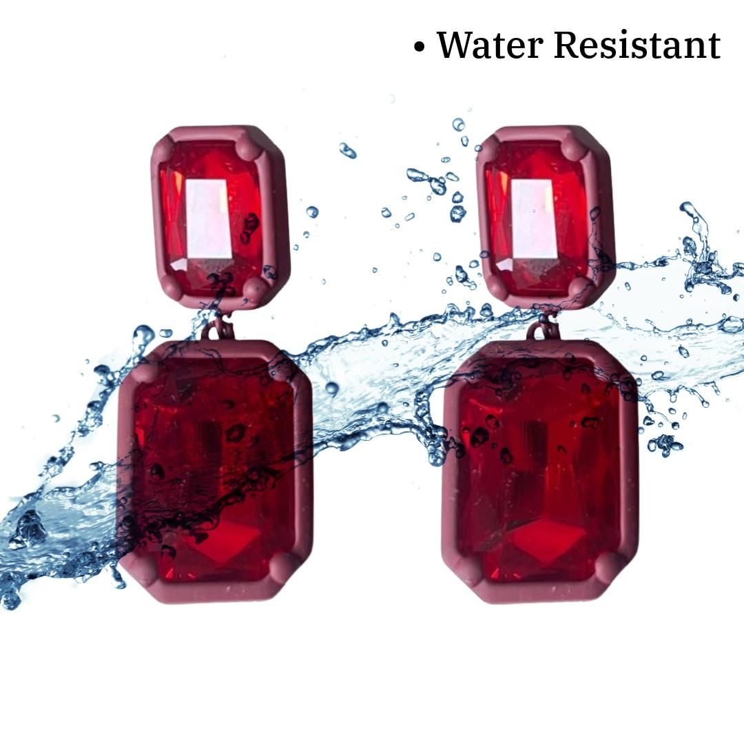 Crystal Drop Earrings, 5 cm, Double Rectangle Design, Red, Women's Fashion Jewellery, Anti Tarnish, Water Resistant, Lightweight, Gift Packaged