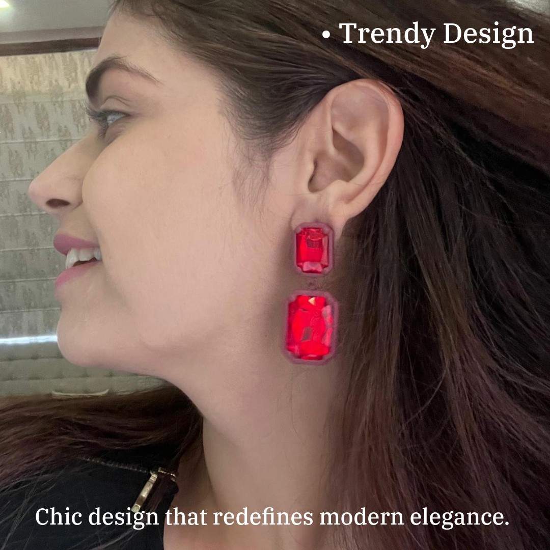 Crystal Drop Earrings, 5 cm, Double Rectangle Design, Red, Women's Fashion Jewellery, Anti Tarnish, Water Resistant, Lightweight, Gift Packaged