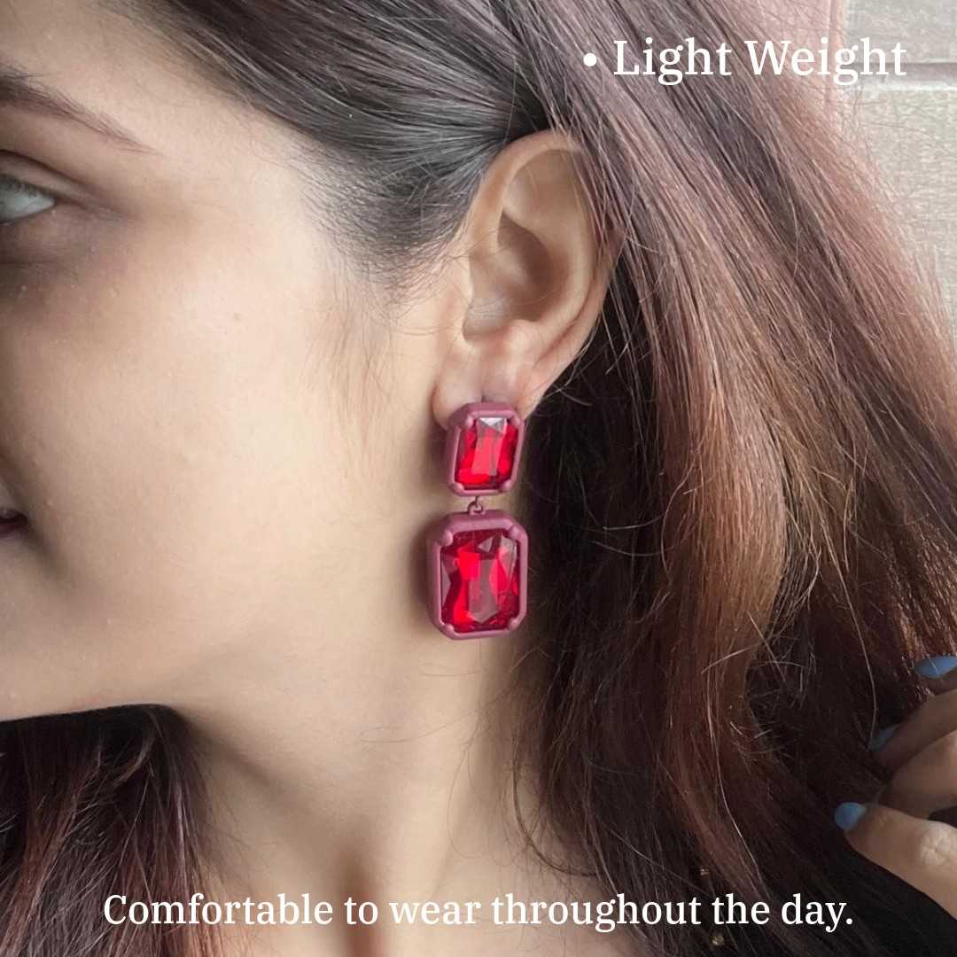 Crystal Drop Earrings, 5 cm, Double Rectangle Design, Red, Women's Fashion Jewellery, Anti Tarnish, Water Resistant, Lightweight, Gift Packaged