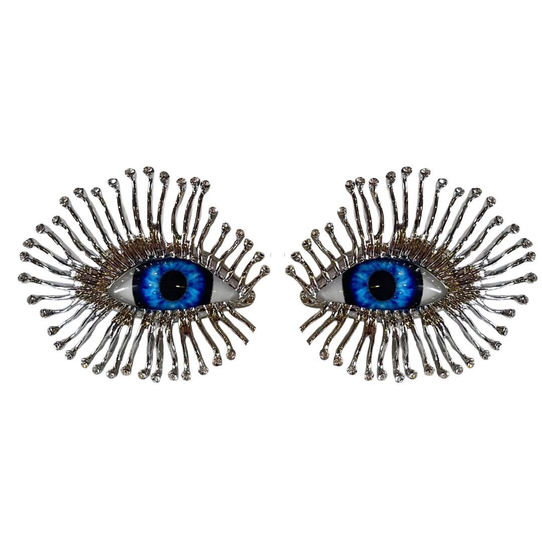 Crystal Evil Eye Statement Earrings, Blue Glass Eyes with Silver-Plated Spikes, Fashion Jewellery for Women, Anti Tarnish, Water Resistant, Lightweight, Gift Packaged