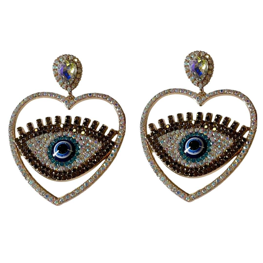 Crystal Heart Evil Eye Earrings, Silver-Plated, Blue Eyes Statement Dangle Earrings for Women, Anti Tarnish, Water Resistant, Lightweight, Gift Packaged
