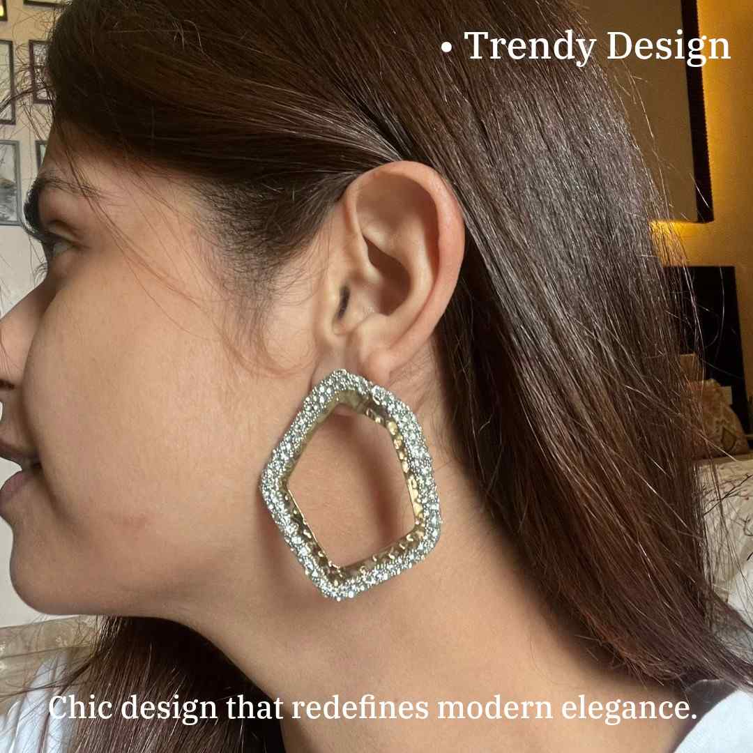 Crystal Studded Gold Plated Hoop Earrings, 5.8 cm, Geometric Shape Design, Earrings for Women, Anti Tarnish, Water Resistant, Lightweight, Gift Packaged