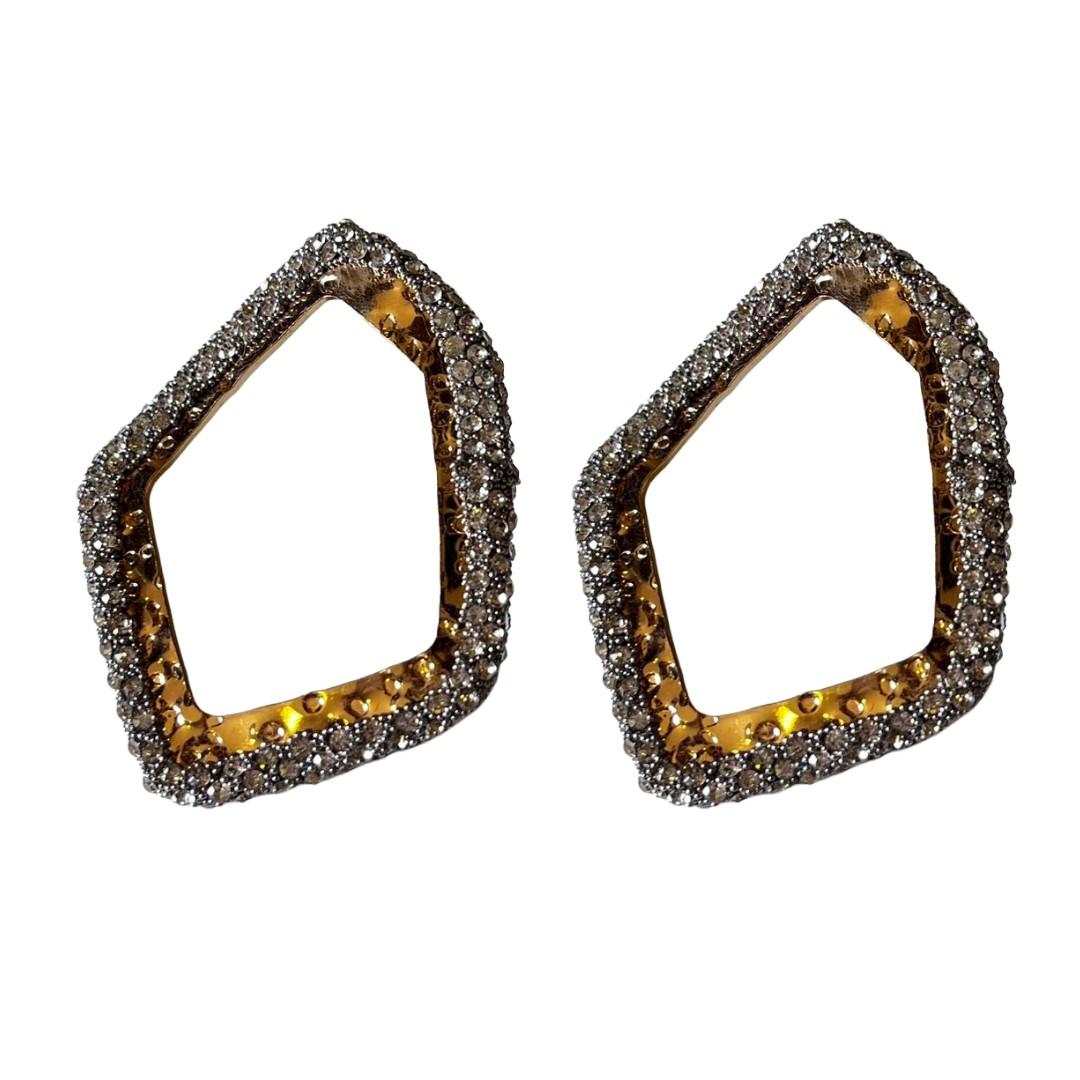Crystal Studded Gold Plated Hoop Earrings, 5.8 cm, Geometric Shape Design, Earrings for Women, Anti Tarnish, Water Resistant, Lightweight, Gift Packaged