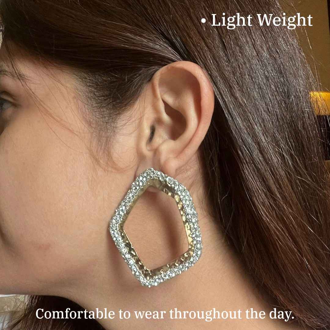 Crystal Studded Gold Plated Hoop Earrings, 5.8 cm, Geometric Shape Design, Earrings for Women, Anti Tarnish, Water Resistant, Lightweight, Gift Packaged