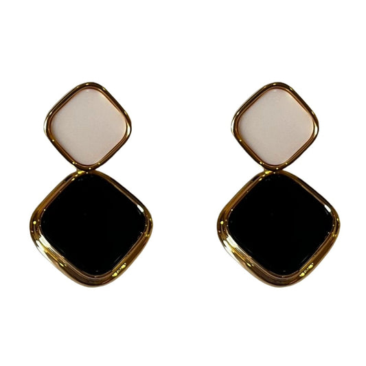 Diamond-Shaped Black Earrings for Women, Gold-Plated Frame, 3.5 cm, Contemporary Statement Jewelry, Anti Tarnish, Water Resistant, Lightweight