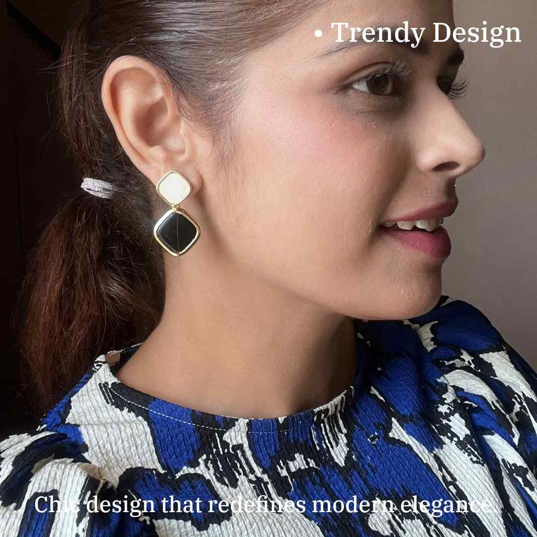 Diamond-Shaped Black Earrings for Women, Gold-Plated Frame, 3.5 cm, Contemporary Statement Jewelry, Anti Tarnish, Water Resistant, Lightweight