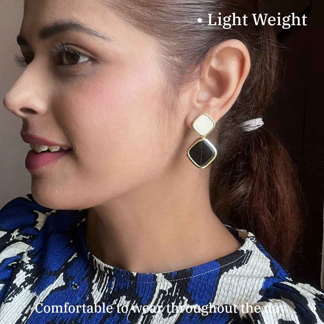 Diamond-Shaped Black Earrings for Women, Gold-Plated Frame, 3.5 cm, Contemporary Statement Jewelry, Anti Tarnish, Water Resistant, Lightweight