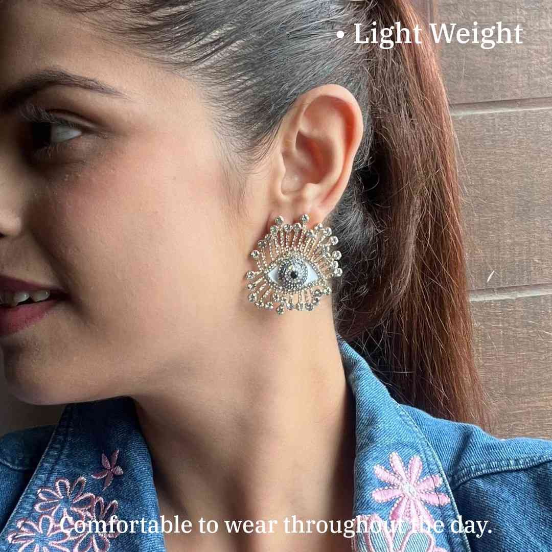 Crystal Evil Eye Diamond look Statement Earrings, Silver-Plated, Fashion Jewellery for Women, Anti Tarnish, Water Resistant, Lightweight, Gift Packaged