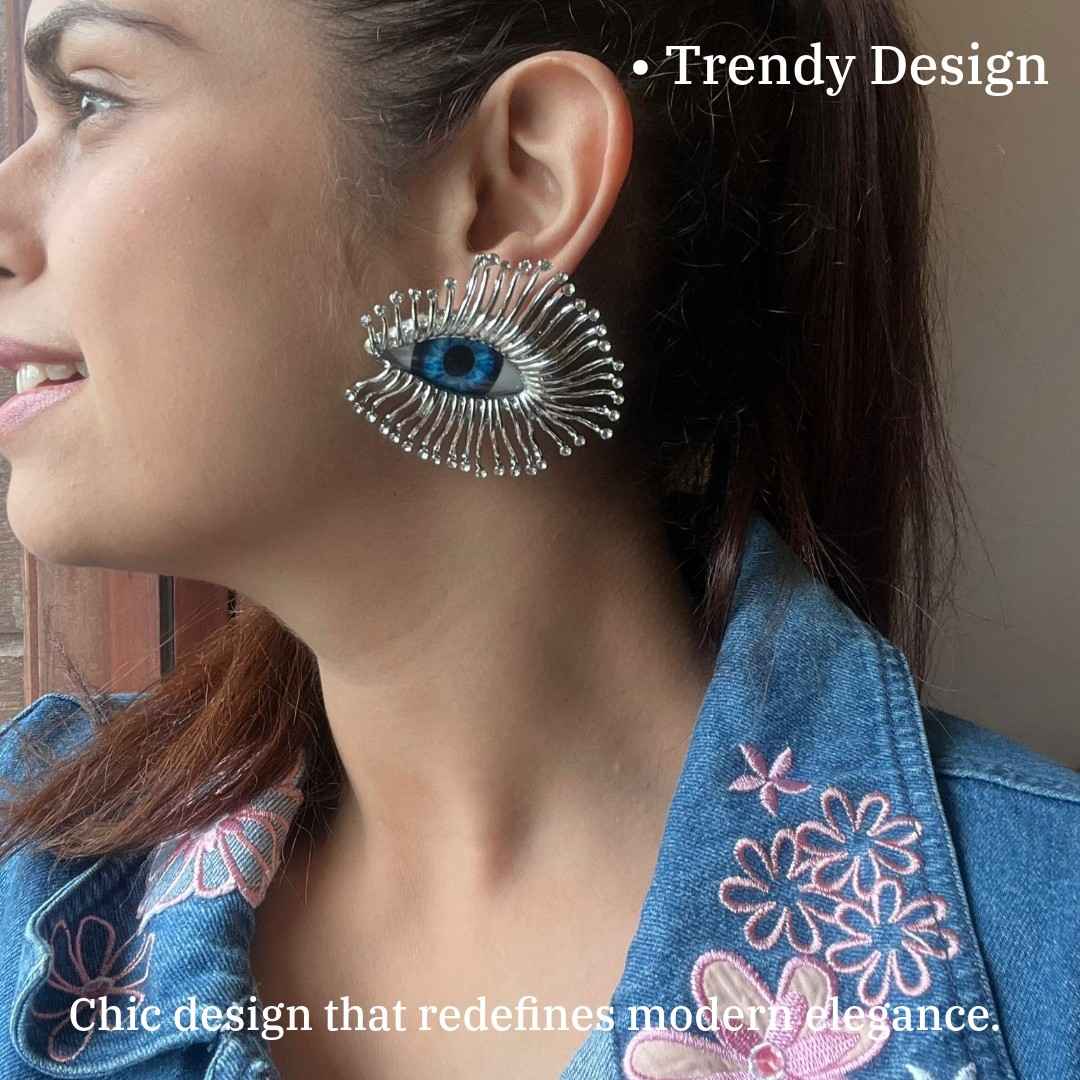 Crystal Evil Eye Statement Earrings, Blue Glass Eyes with Silver-Plated Spikes, Fashion Jewellery for Women, Anti Tarnish, Water Resistant, Lightweight, Gift Packaged