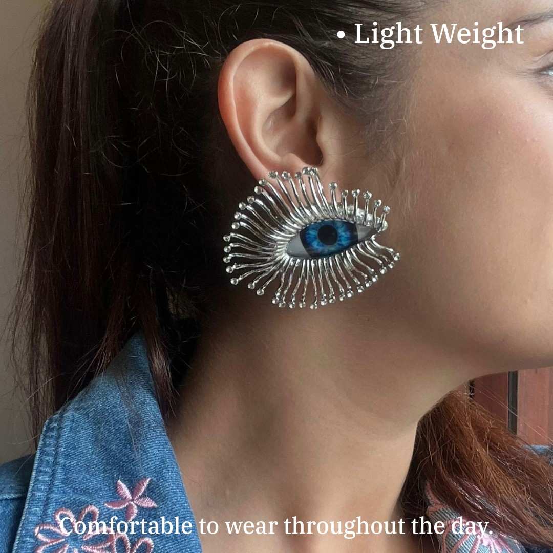 Crystal Evil Eye Statement Earrings, Blue Glass Eyes with Silver-Plated Spikes, Fashion Jewellery for Women, Anti Tarnish, Water Resistant, Lightweight, Gift Packaged